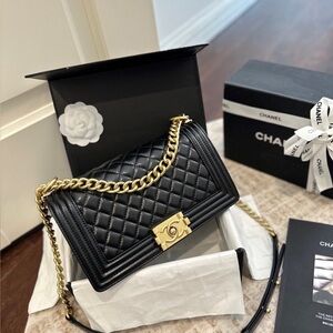 CHANEL Black Quilted Leather Chain Crossbody with Gold Hardware